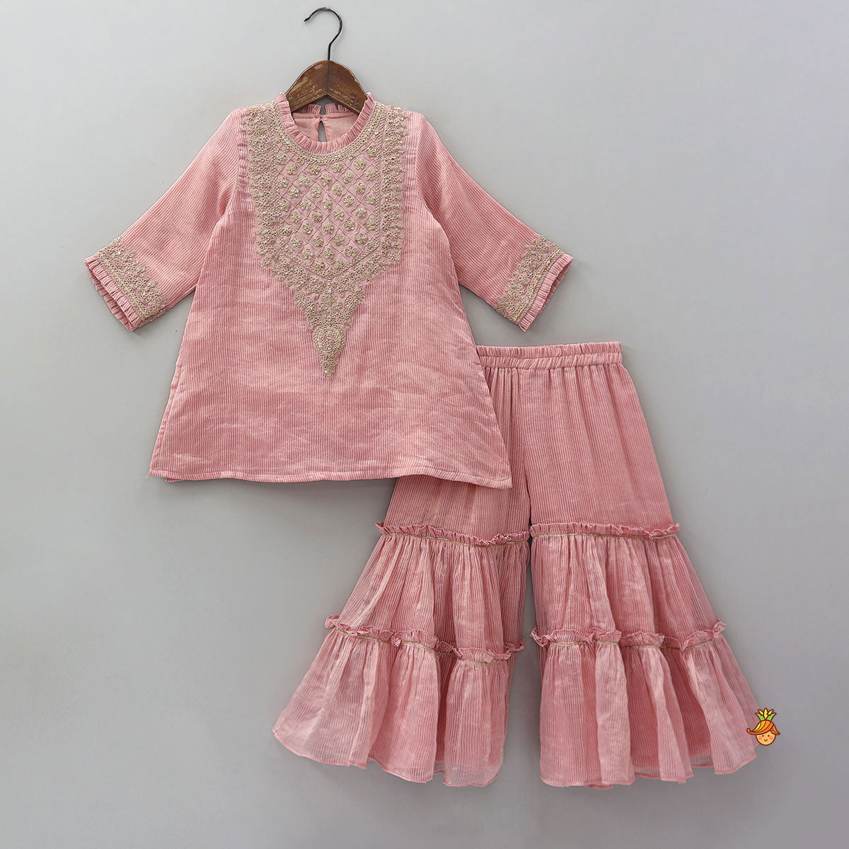 Shimmery Striped Kurti And Sharara With Matching Net Dupatta