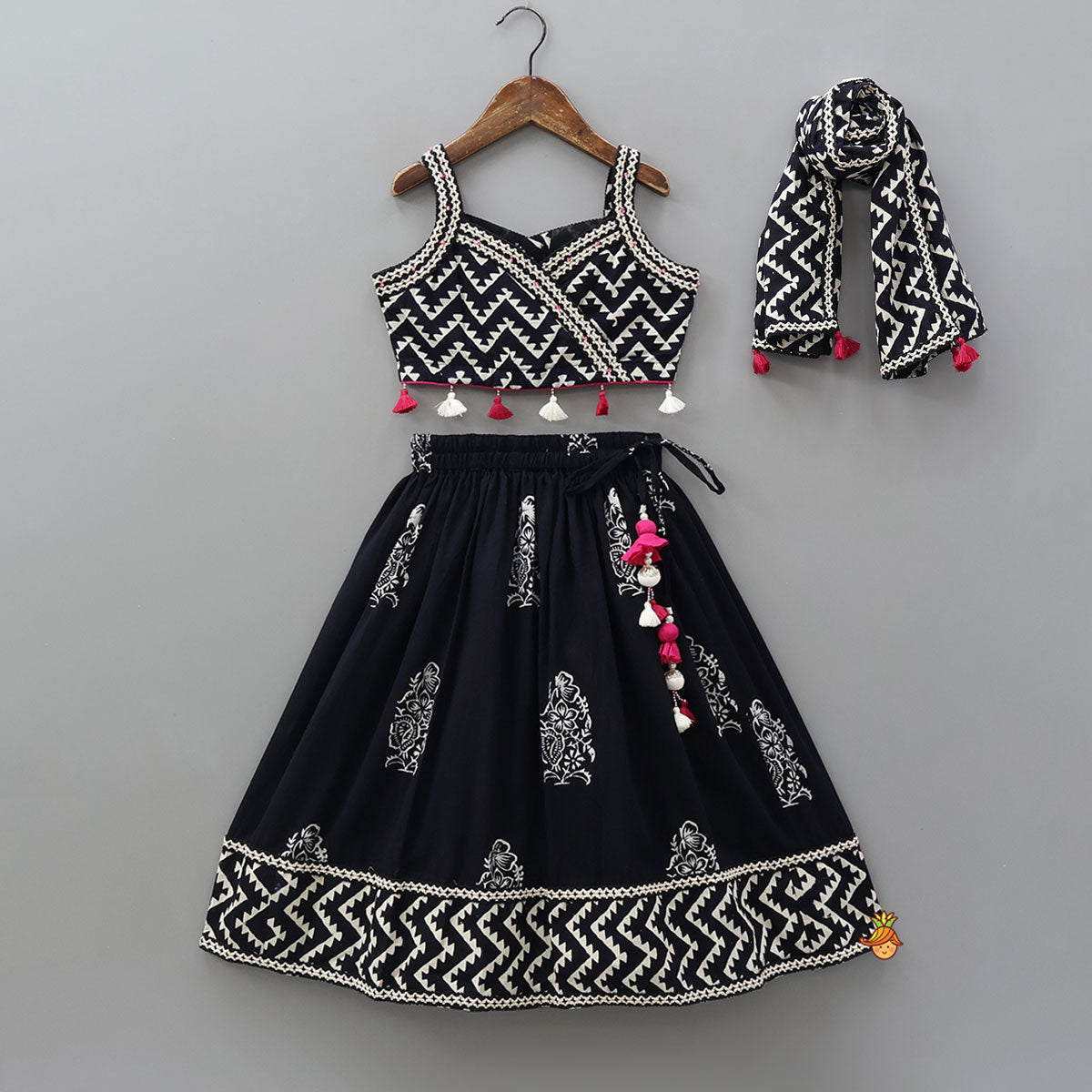 Chevron Printed Cotton Top And Lehenga With Matching Dupatta