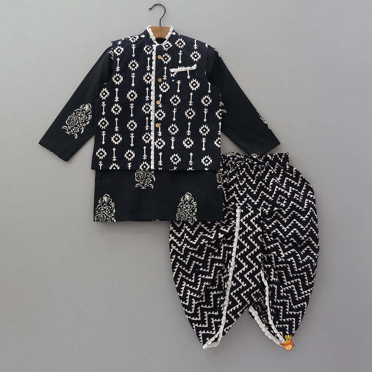 Ethnic Kurta With Front Pocket Jacket And Dhoti