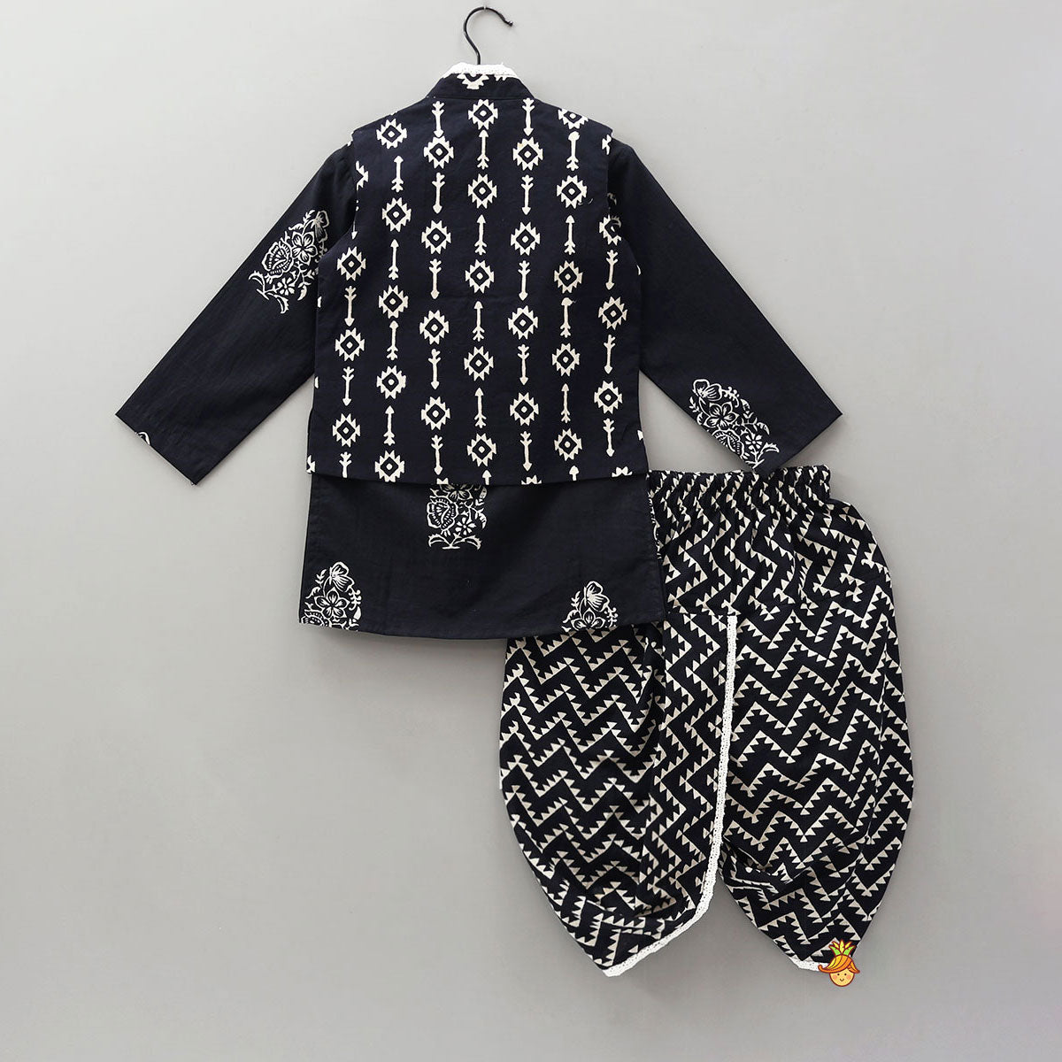 Ethnic Kurta With Front Pocket Jacket And Dhoti