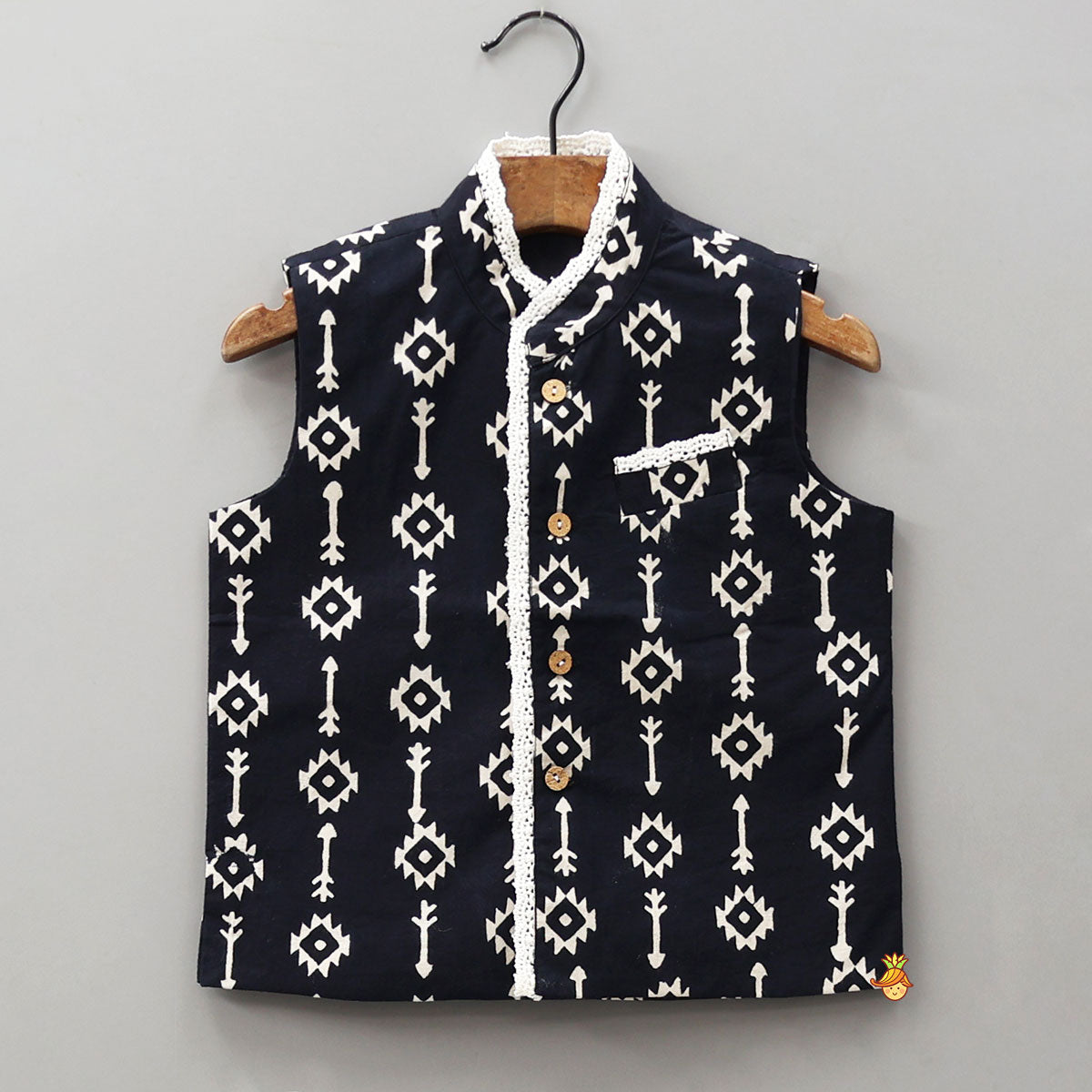 Ethnic Kurta With Front Pocket Jacket And Dhoti