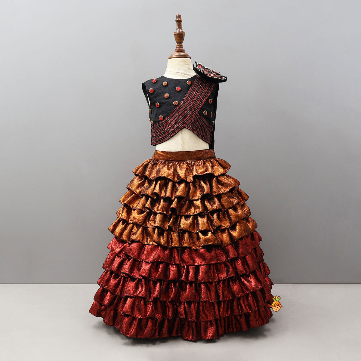 Butterfly-Adorned Drape Top With Layered Shiny Lehenga