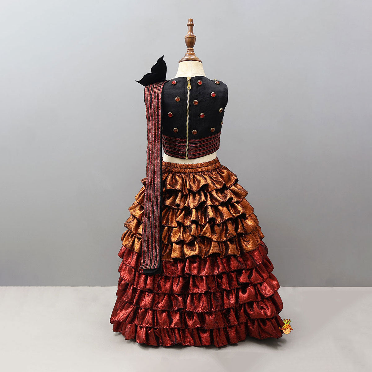 Butterfly-Adorned Drape Top With Layered Shiny Lehenga