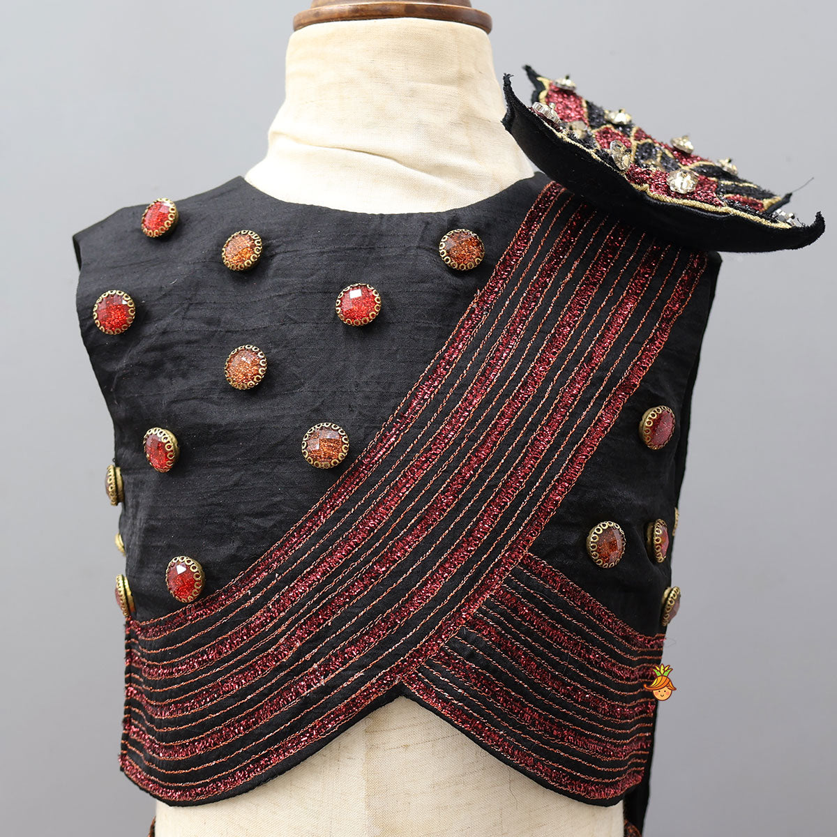 Butterfly-Adorned Drape Top With Layered Shiny Lehenga