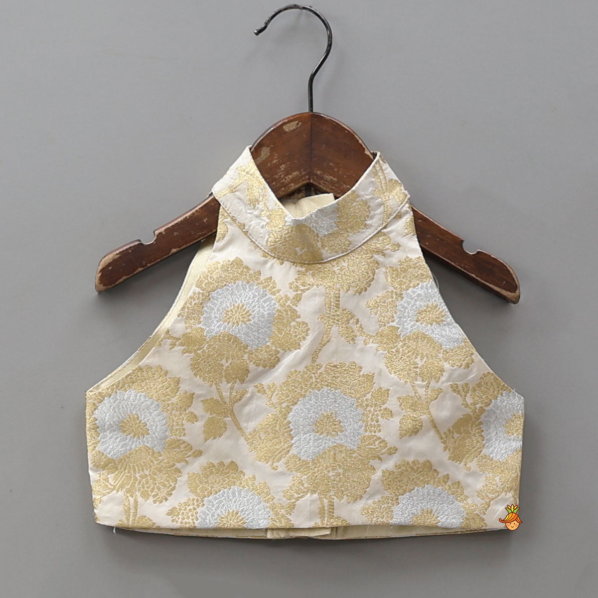 Exquisite Halter Neck Brocade Top With Embellished Jacket And Brocade Lehenga With Matching Hair Band