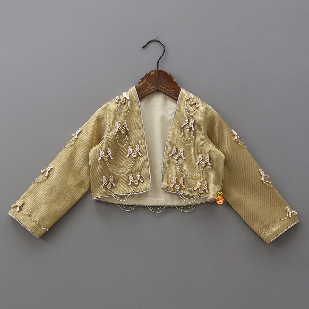 Exquisite Halter Neck Brocade Top With Embellished Jacket And Brocade Lehenga With Matching Hair Band