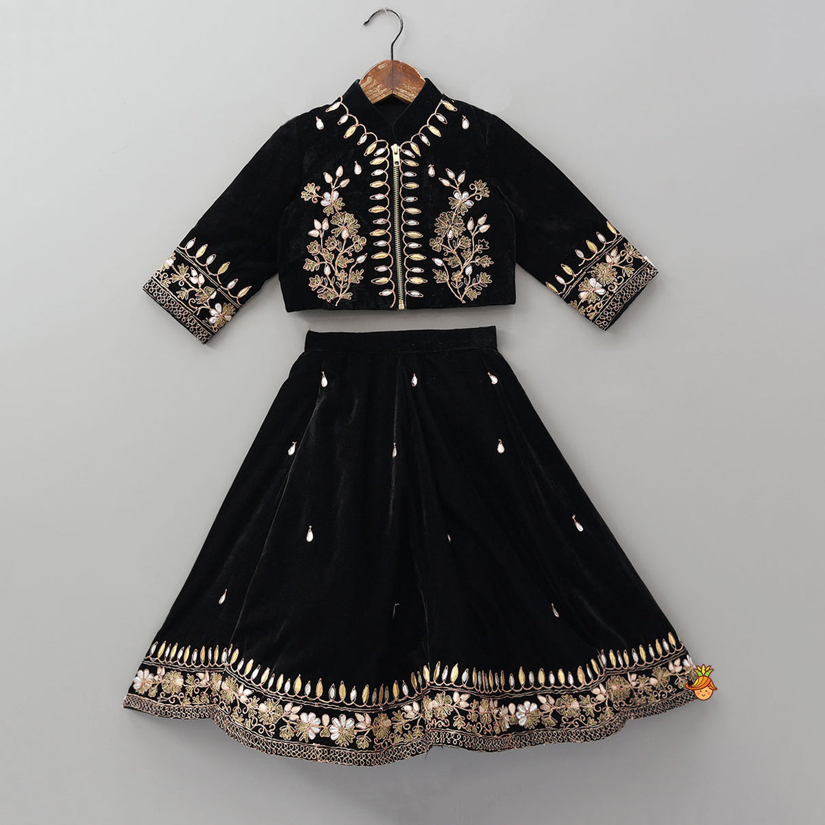 Stand Collar Velvet Stunning Black Top And Lehenga