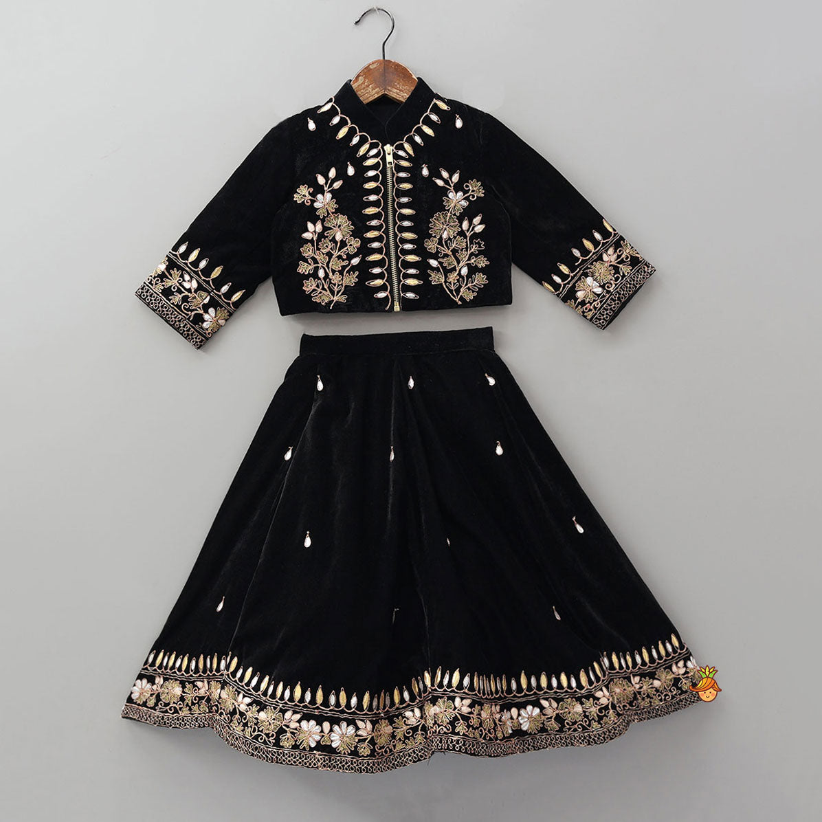 Stand Collar Velvet Stunning Black Top And Lehenga
