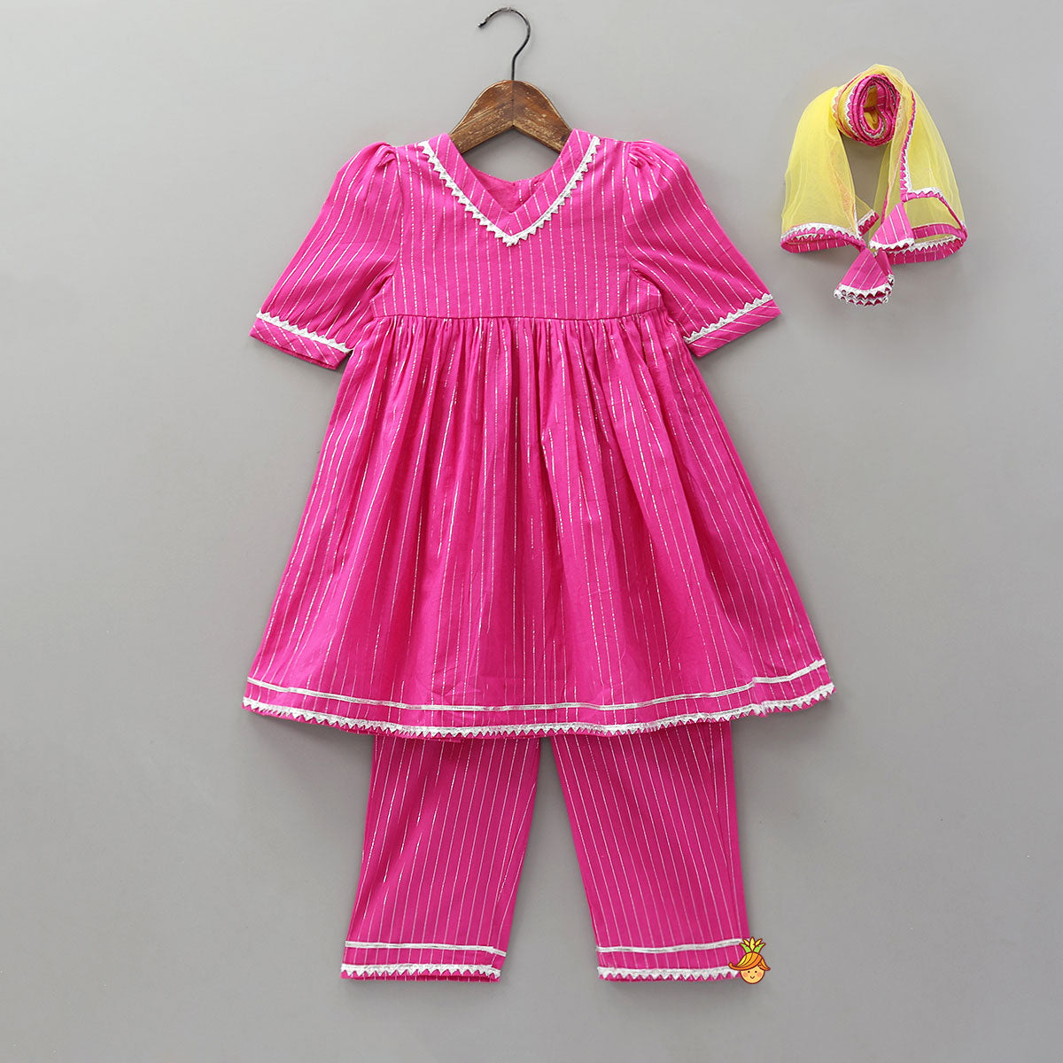 Lurex Striped Kurti And Pant With Contrasting Dupatta