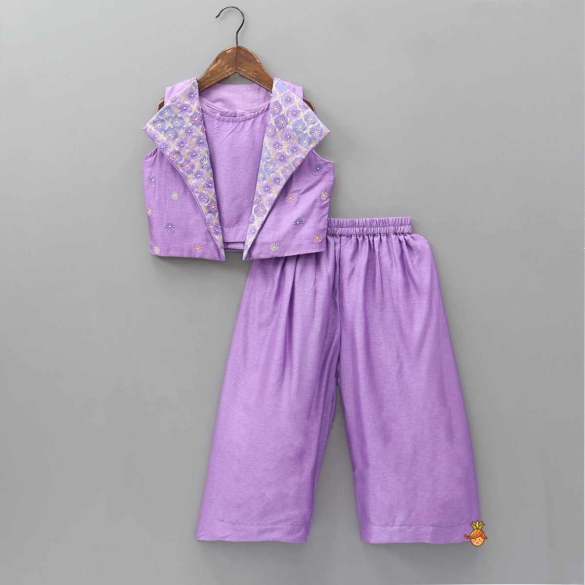 Beautiful Top With Collar Neck Open Jacket And Palazzo Pant