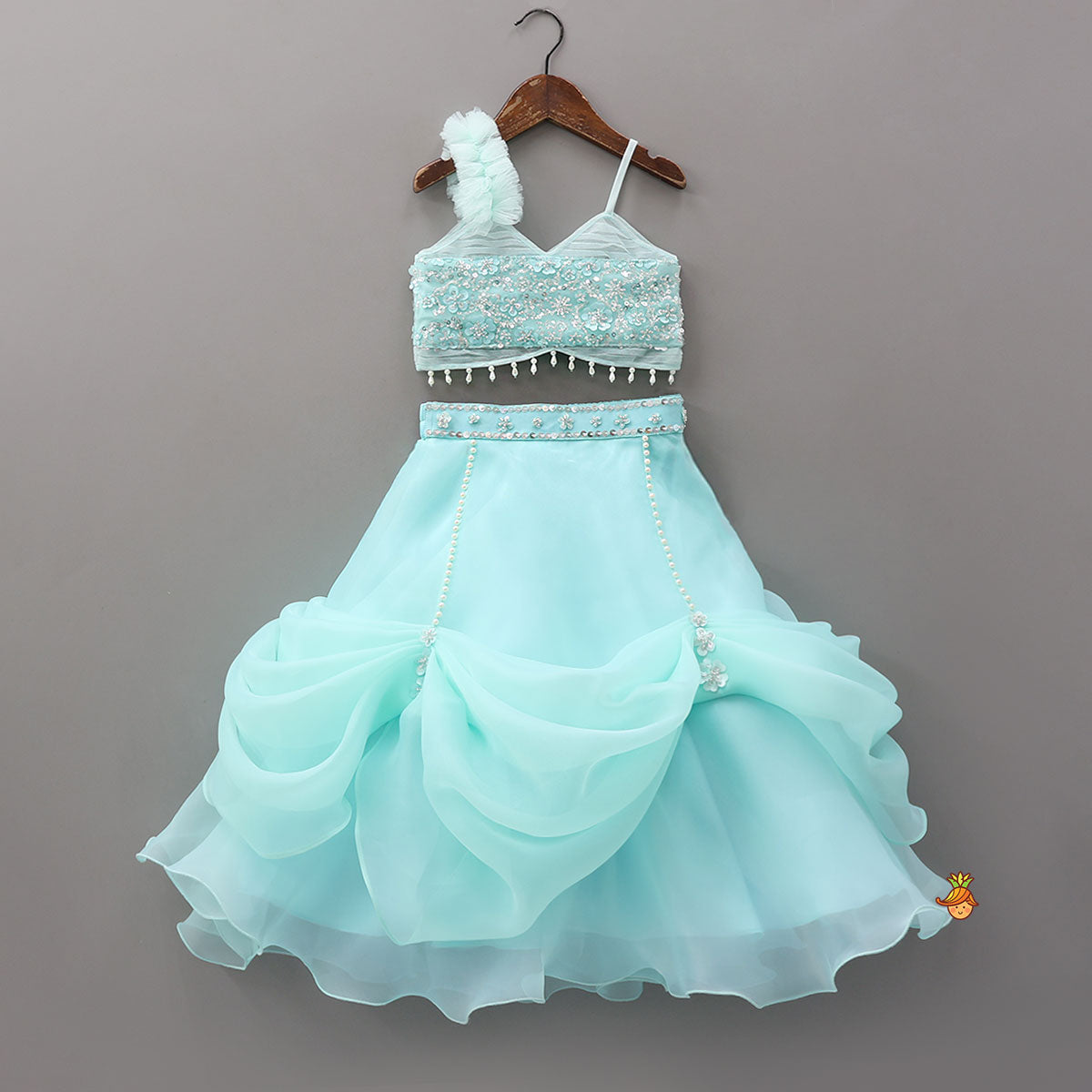 Spaghetti Straps Top And Gathered Stylish Lehenga With Dupatta