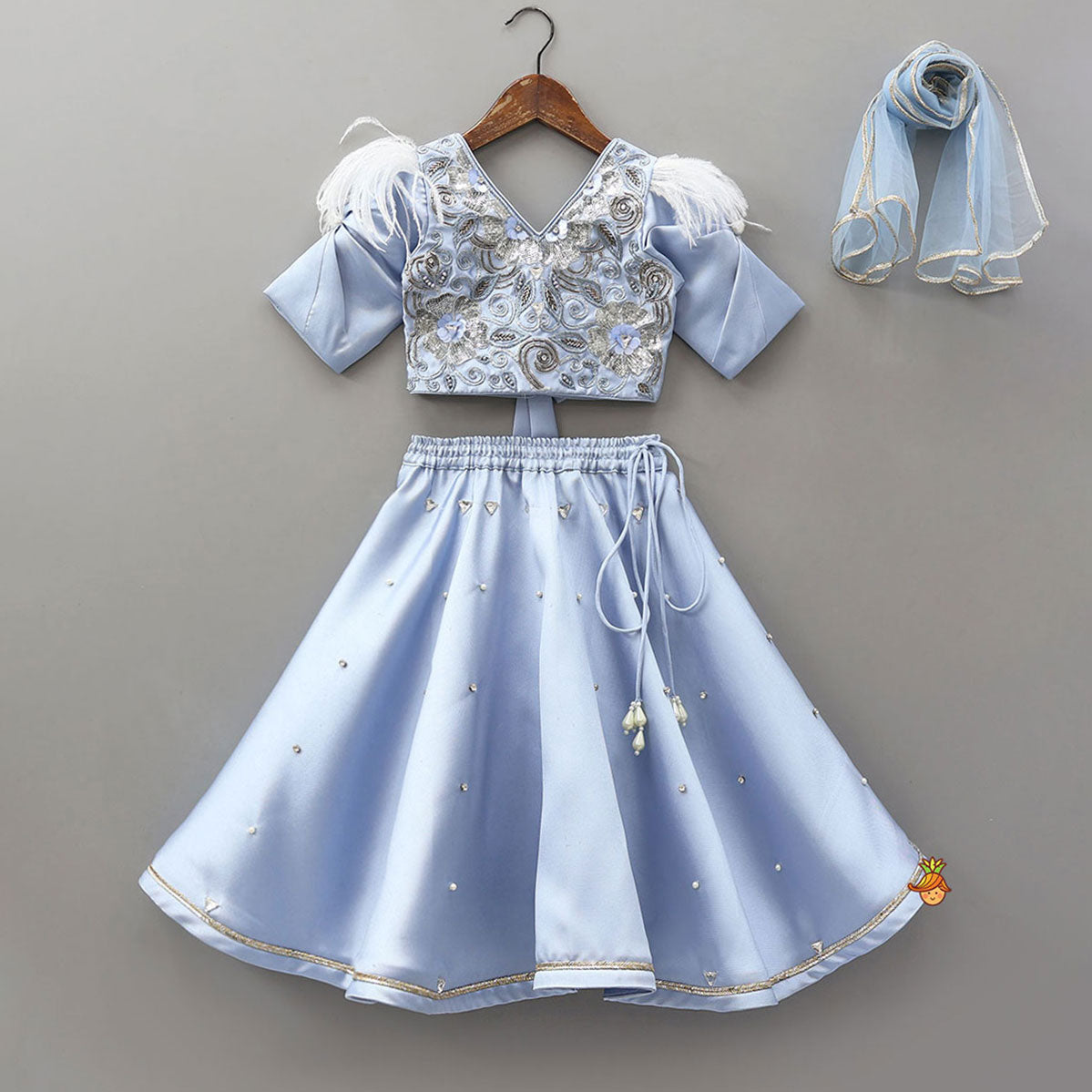 V Neck Sequins Floral Embroidered Top And Lehenga With Matching Dupatta