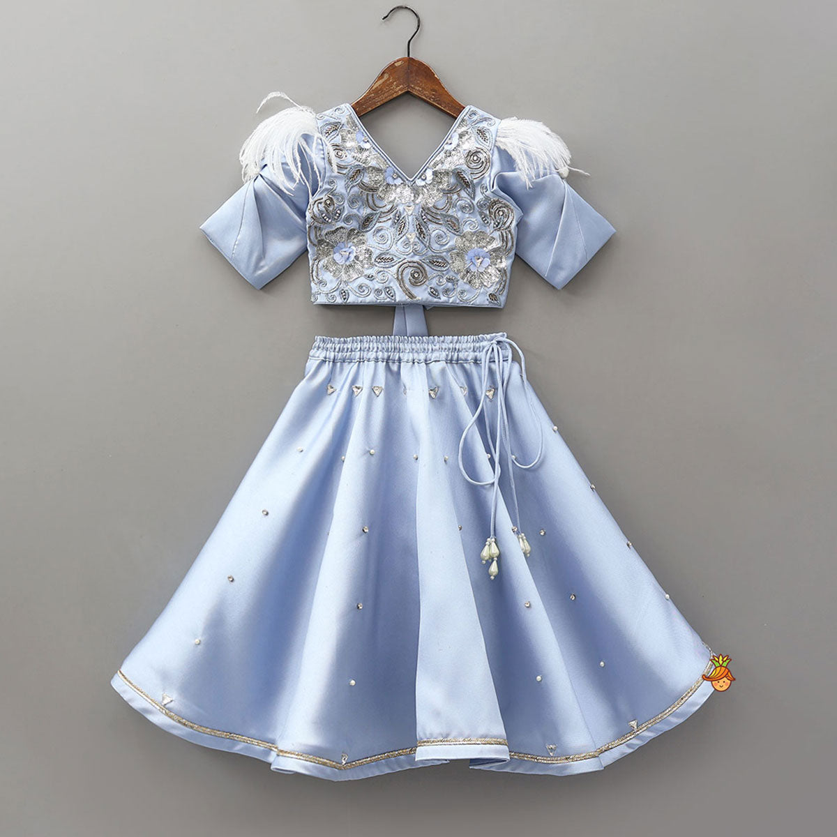 V Neck Sequins Floral Embroidered Top And Lehenga With Matching Dupatta