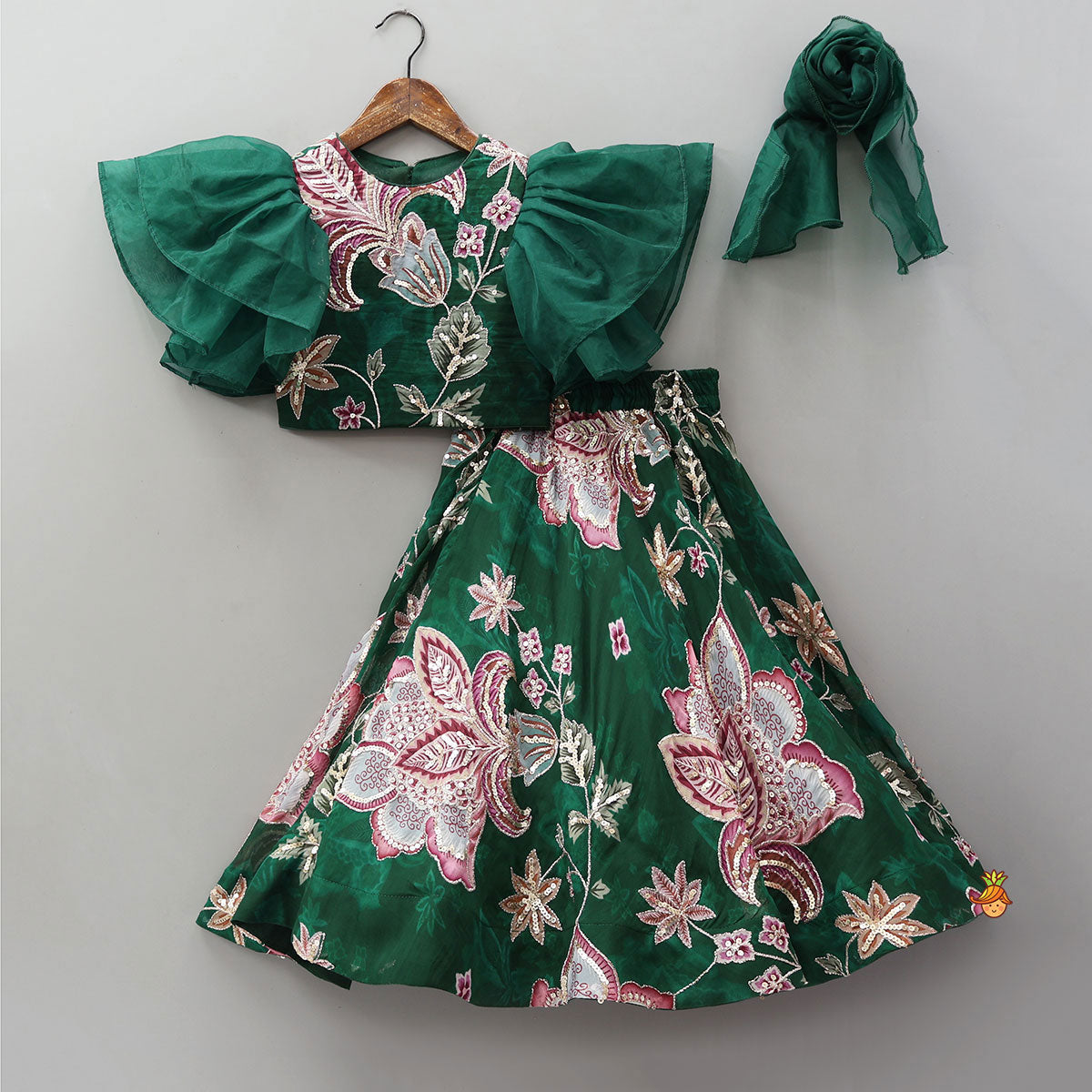 Elegant Layered-Sleeve Top And Lehenga With Stylish Dupatta