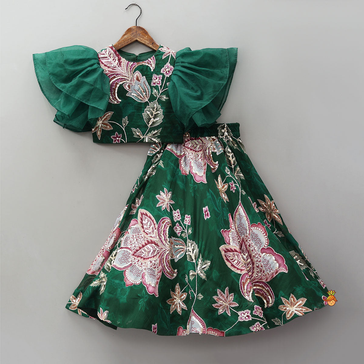 Elegant Layered-Sleeve Top And Lehenga With Stylish Dupatta