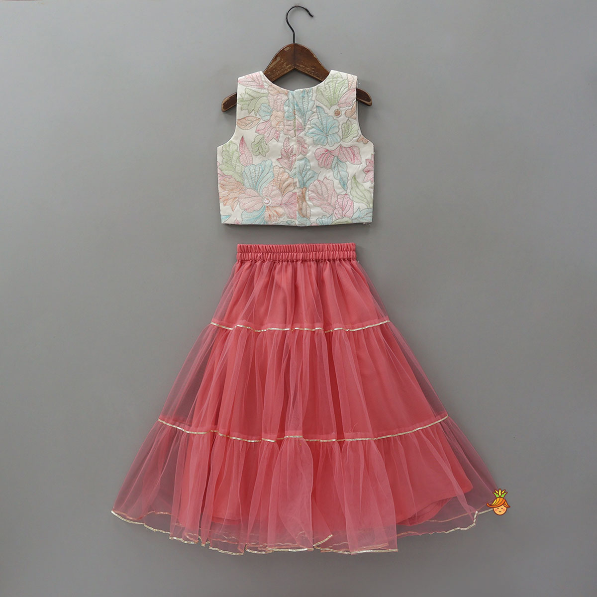 Thread Embroidered Top And Net Lehenga With Matching Dupatta