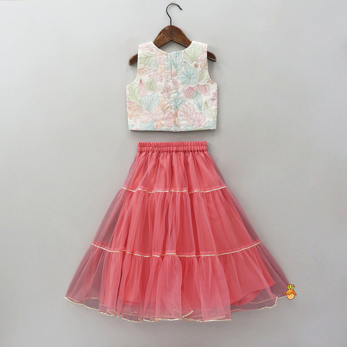 Thread Embroidered Top And Net Lehenga With Matching Dupatta