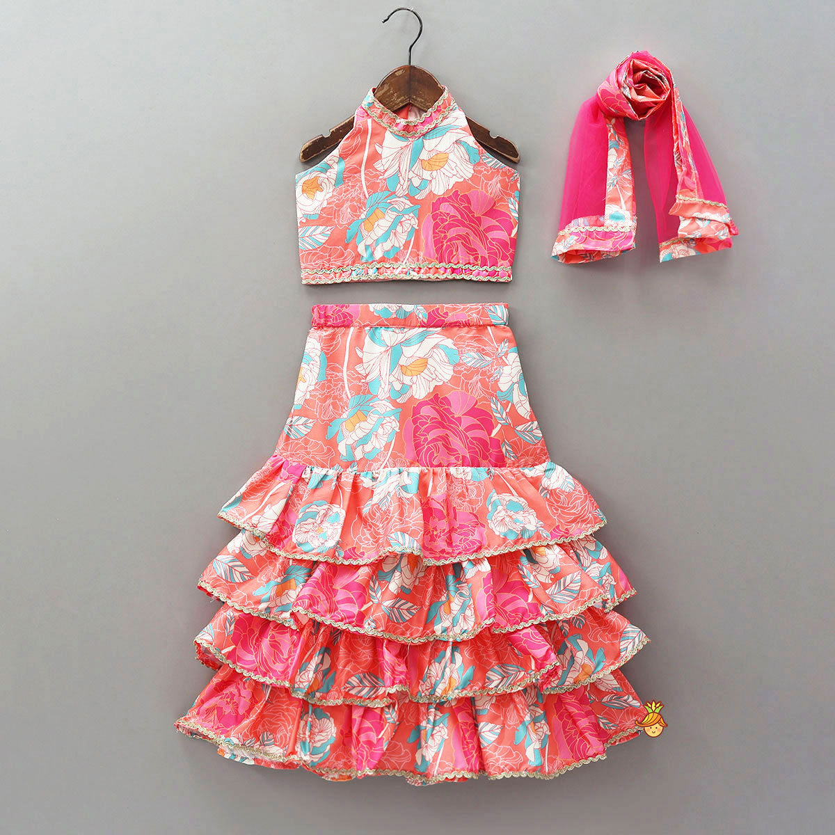 High-Neck Floral Printed Top And Layered Lehenga With Matching Dupatta