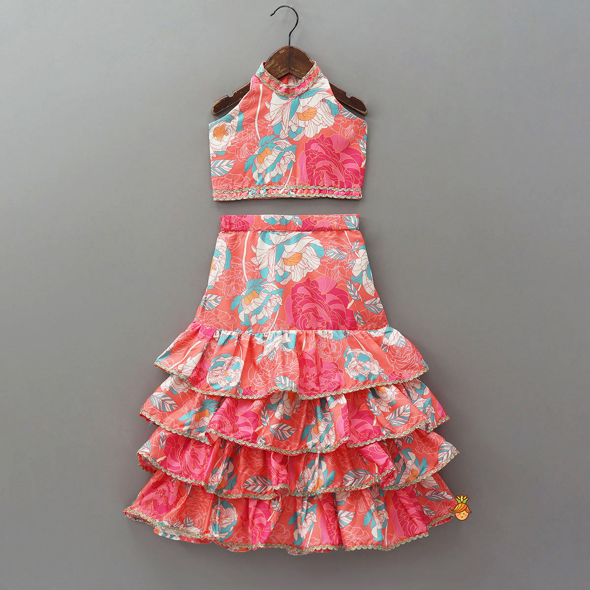 High-Neck Floral Printed Top And Layered Lehenga With Matching Dupatta