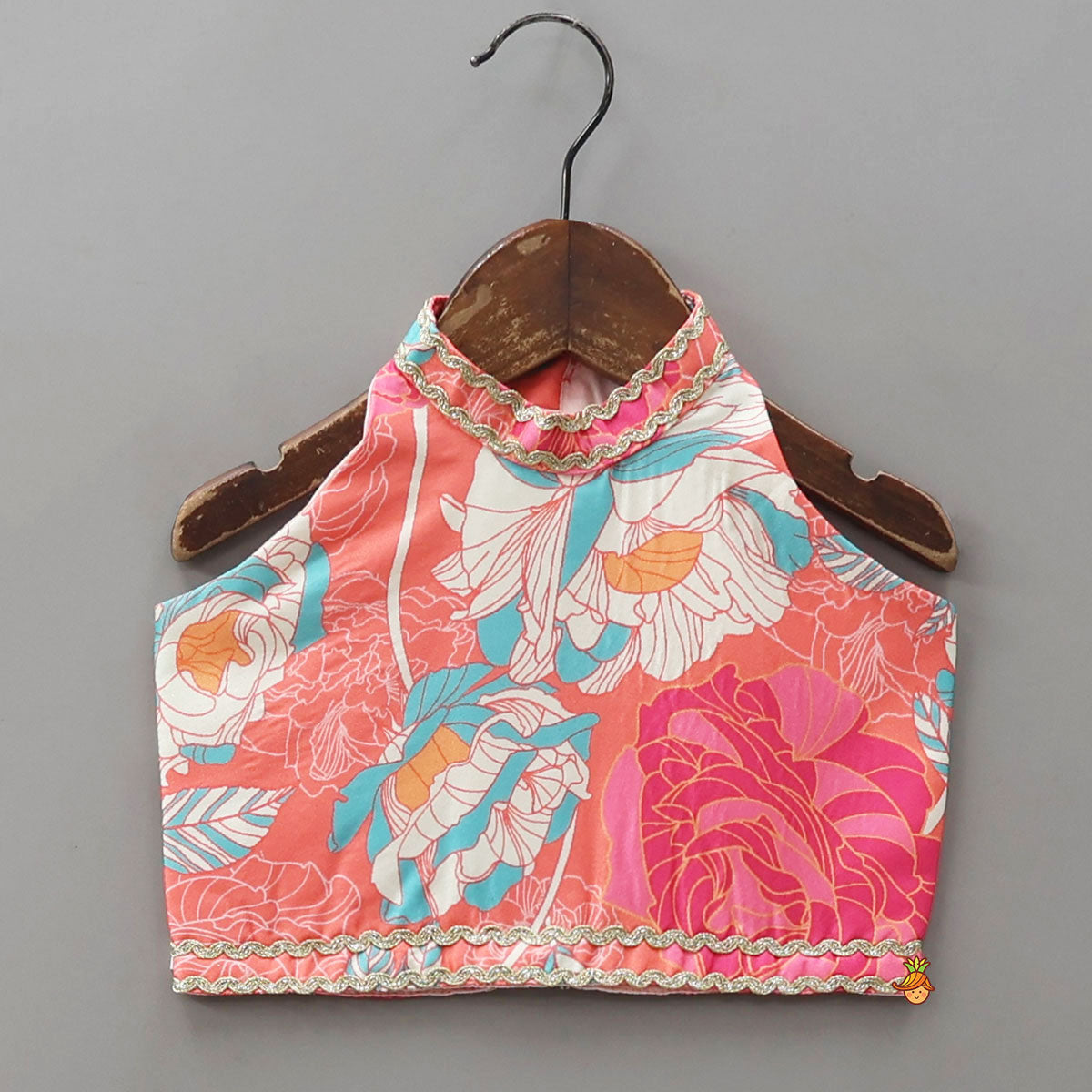 High-Neck Floral Printed Top And Layered Lehenga With Matching Dupatta