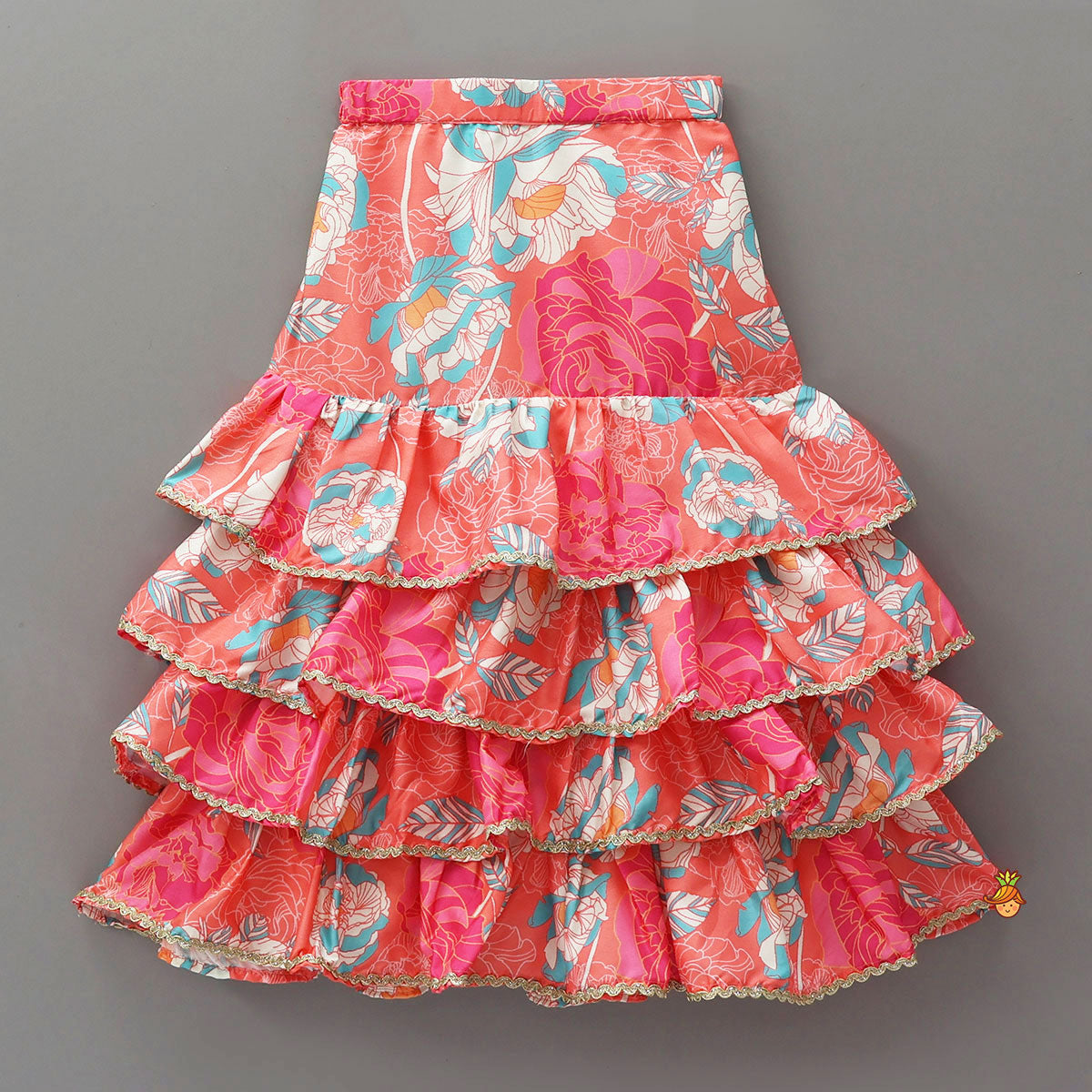 High-Neck Floral Printed Top And Layered Lehenga With Matching Dupatta