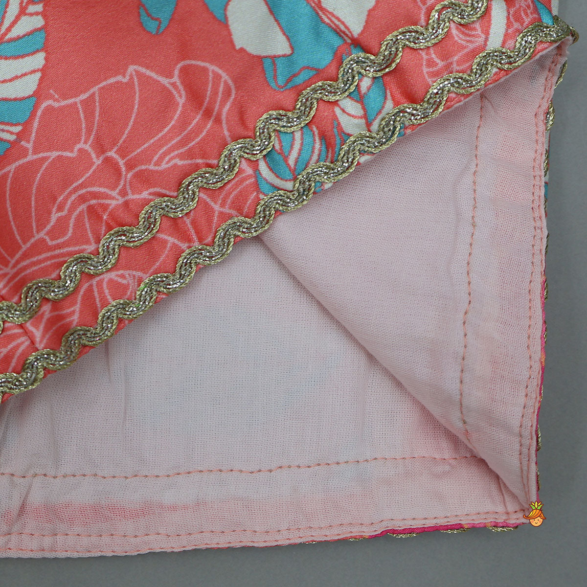 High-Neck Floral Printed Top And Layered Lehenga With Matching Dupatta