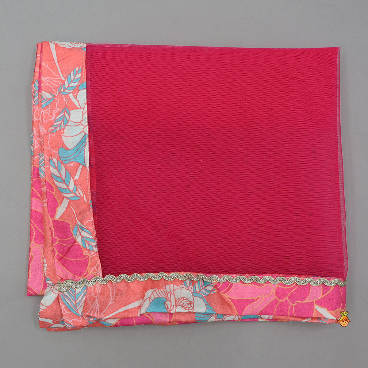 High-Neck Floral Printed Top And Layered Lehenga With Matching Dupatta