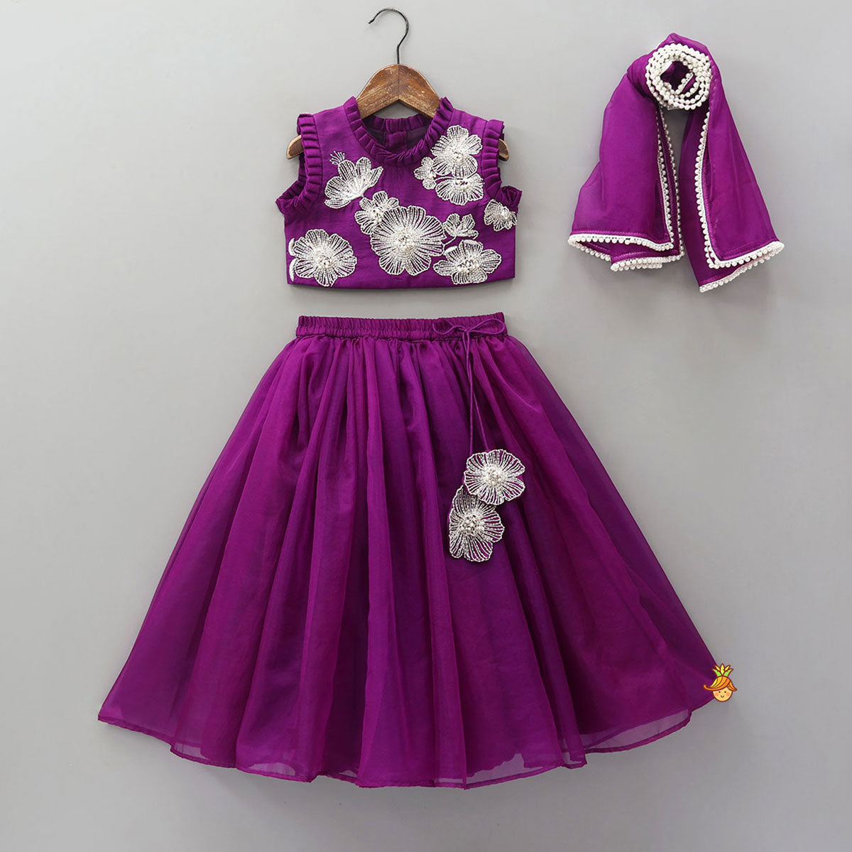 Pleats Detail Top And Organza Lehenga With Matching Dupatta