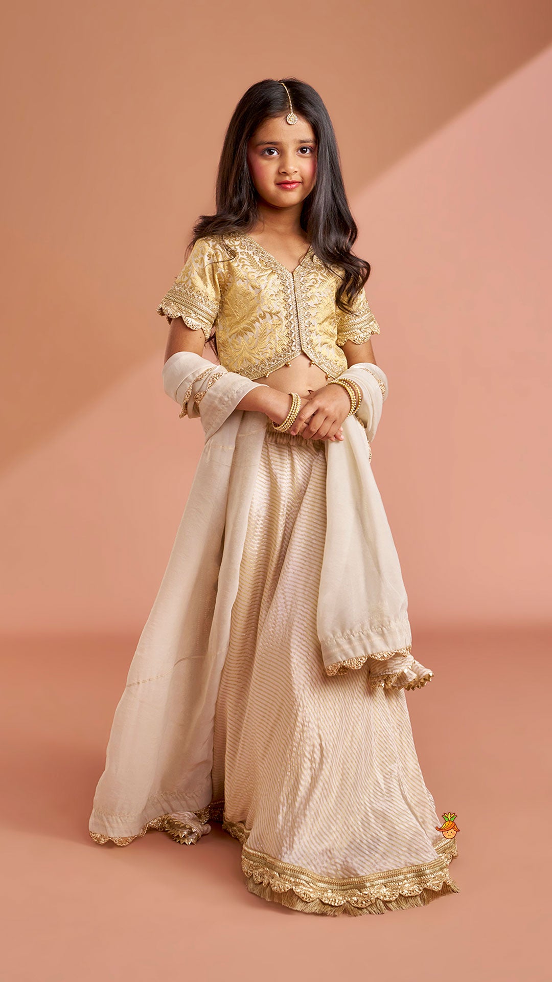 Brocade High-Low Top And Lehenga With Gota Lace Work Dupatta