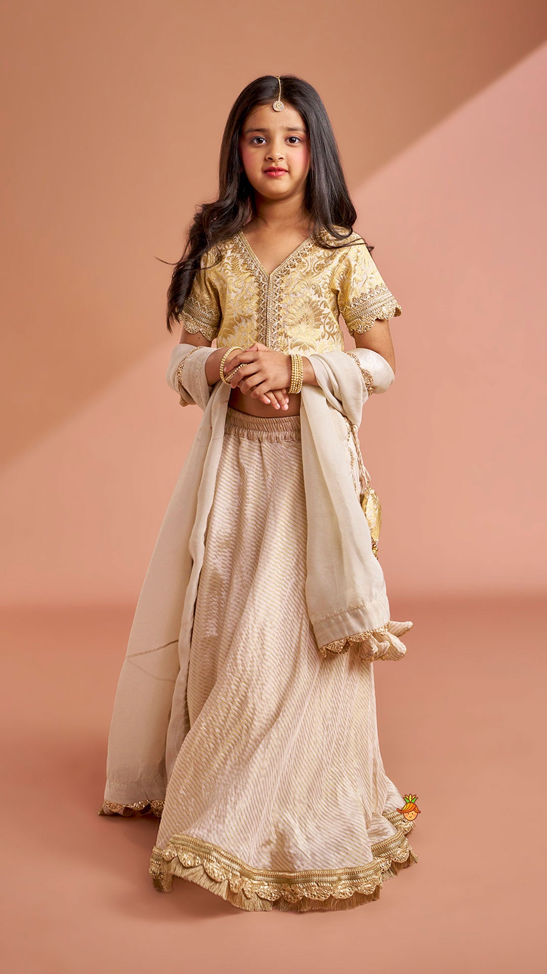 Brocade High-Low Top And Lehenga With Gota Lace Work Dupatta