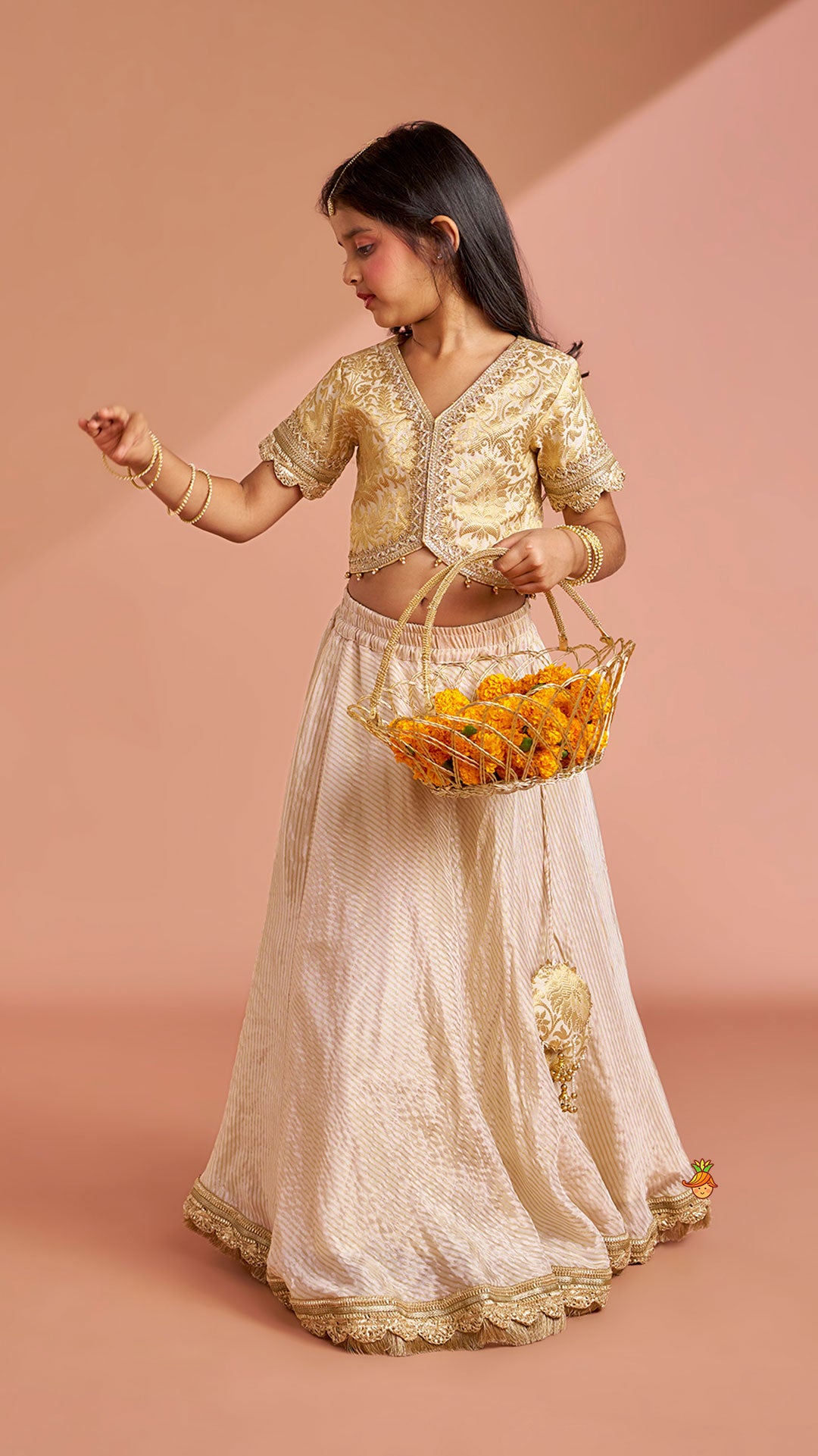 Brocade High-Low Top And Lehenga With Gota Lace Work Dupatta