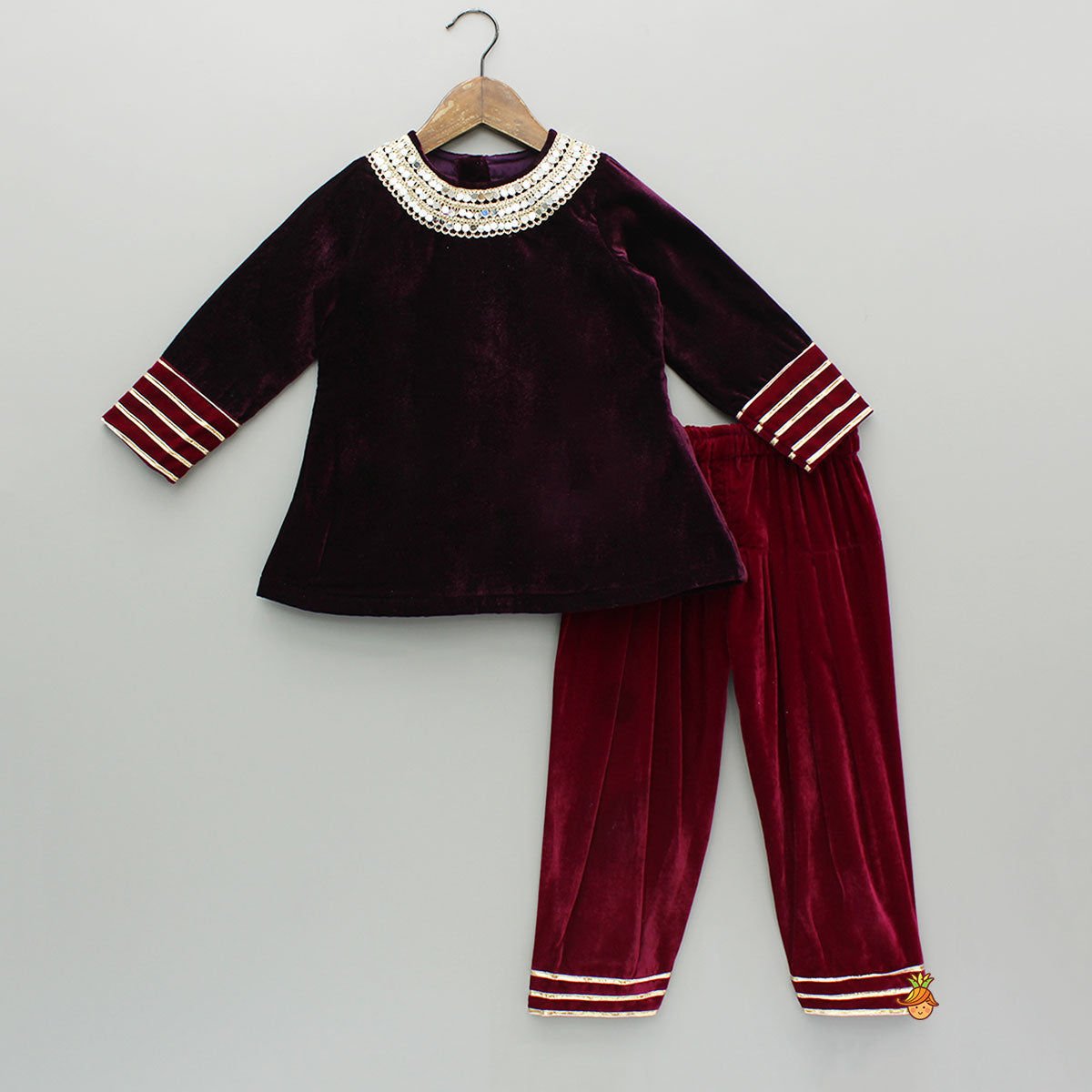 Mirror And Lace Work Velvet Kurti With Salwar