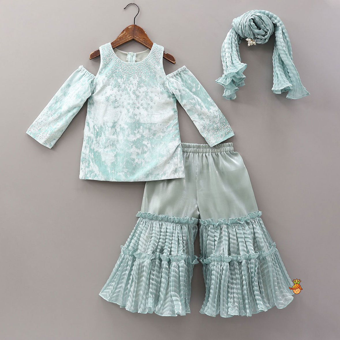 Velvet Cold-Shoulder Kurti With Shiny Sharara And Matching Dupatta