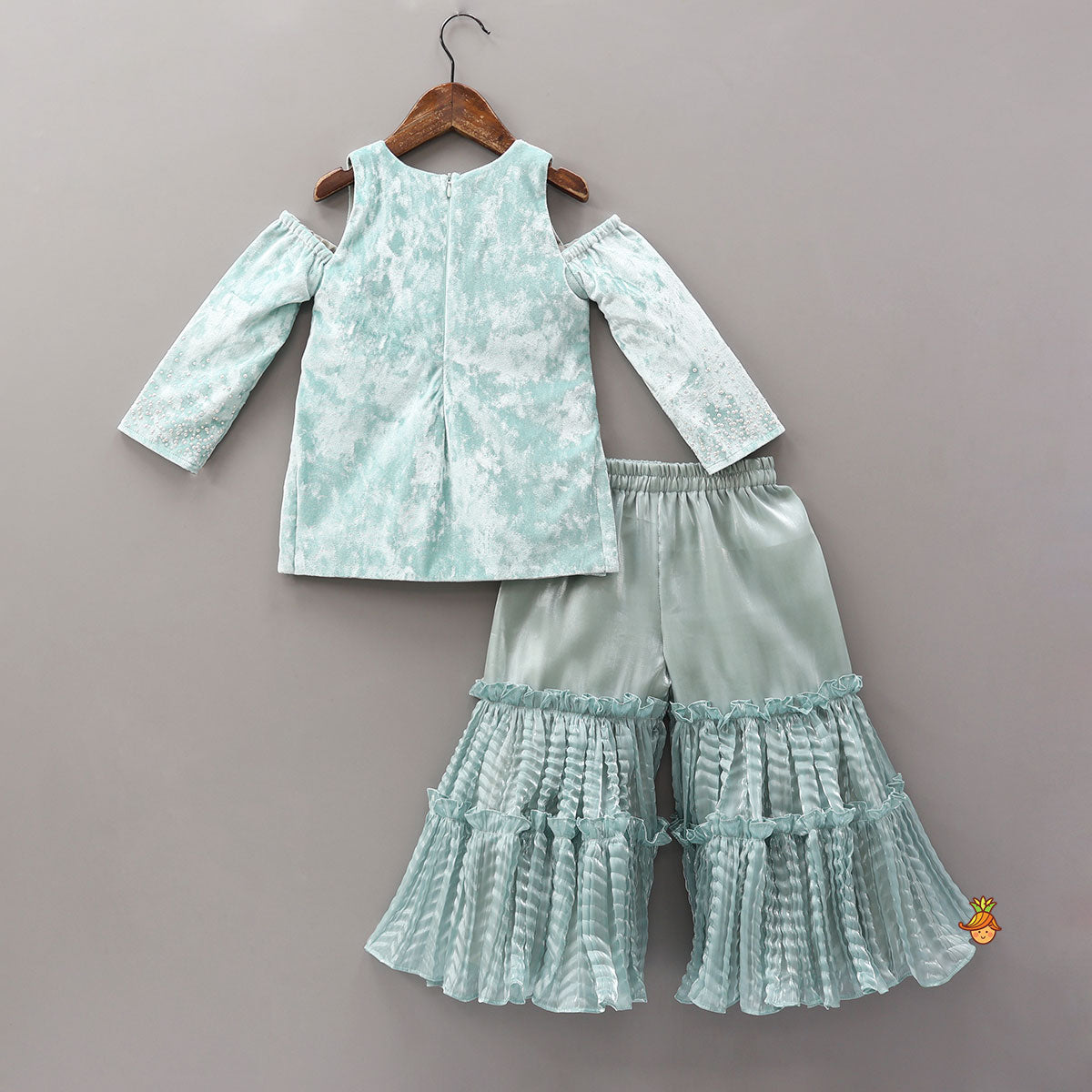 Velvet Cold-Shoulder Kurti With Shiny Sharara And Matching Dupatta