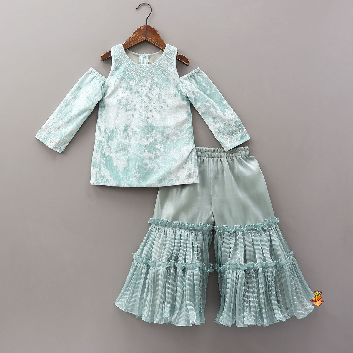 Velvet Cold-Shoulder Kurti With Shiny Sharara And Matching Dupatta