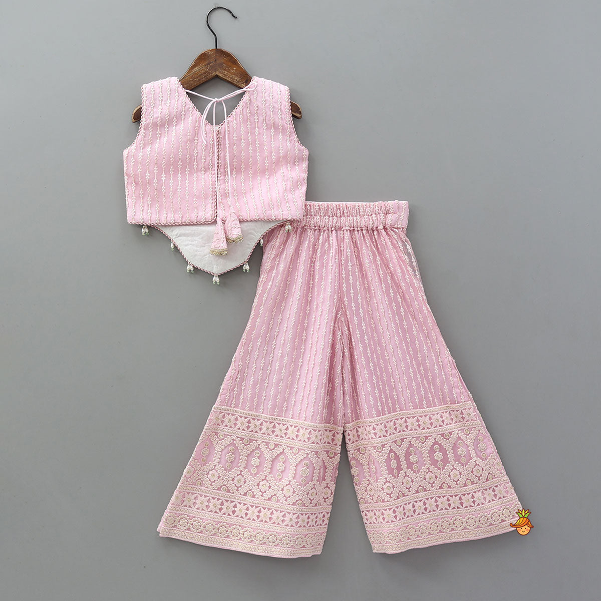 Curved Hem Top And Palazzo With Net Dupatta