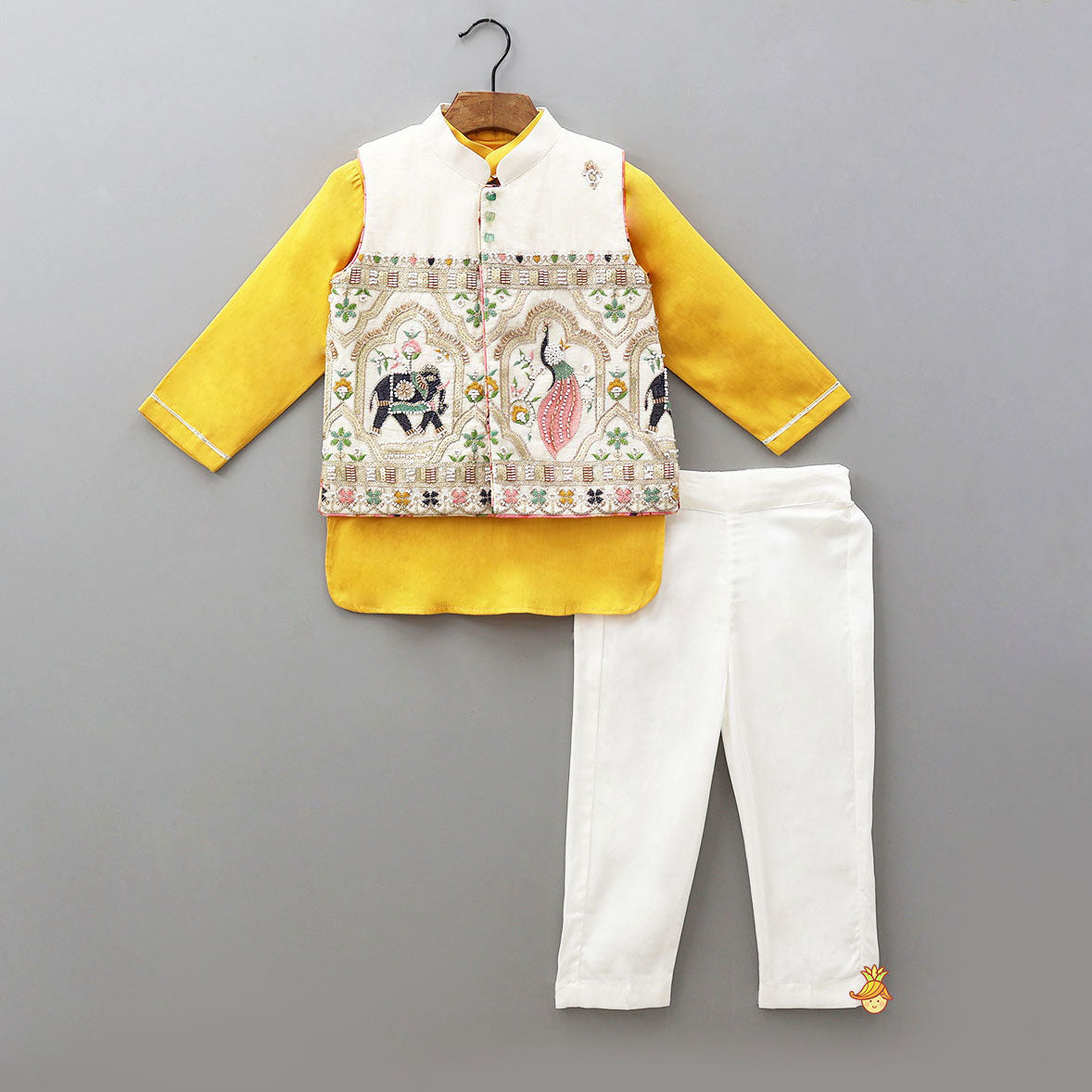 Curved Hem Kurta With Embroidered Jacket And Pyjama