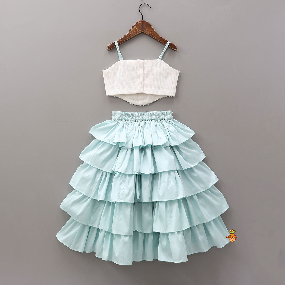 Elegant Strappy Shiny Top With Multi-Layered Lehenga