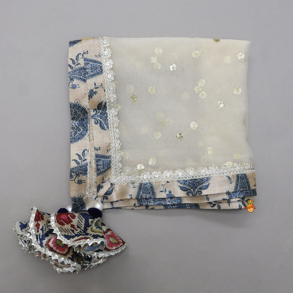 Elegant Round Neck Sheen Top And Lehenga With Sequins Work Net Dupatta