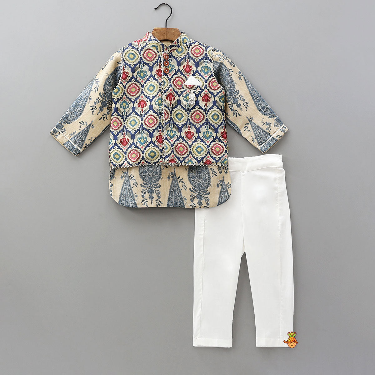 Curved Hem Kurta With Printed Jacket And Pyjama