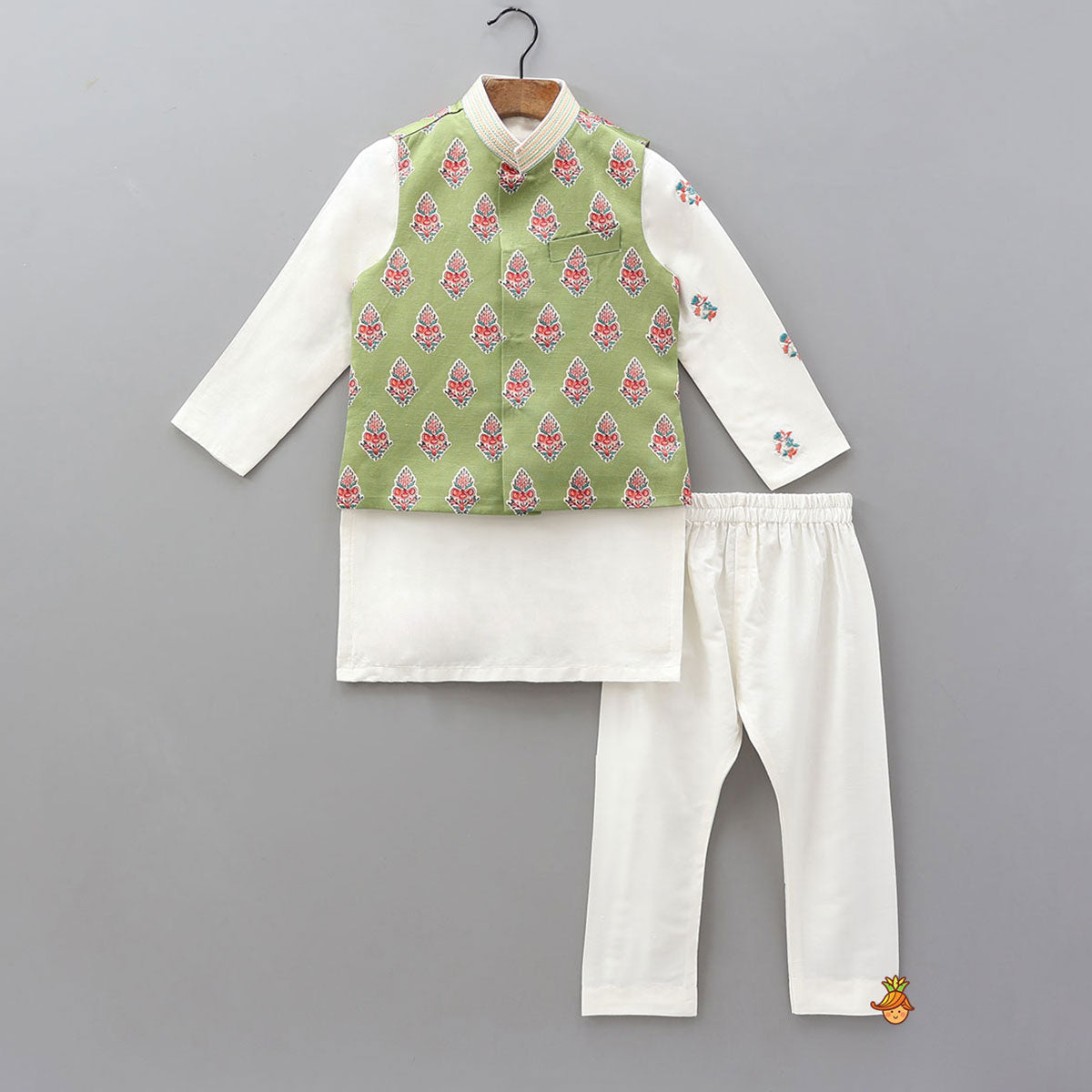 One-Side Embroidered Kurta With Printed Jacket And Pyjama