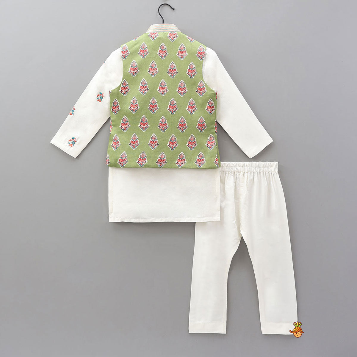 One-Side Embroidered Kurta With Printed Jacket And Pyjama