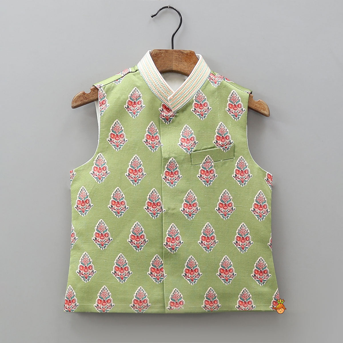 One-Side Embroidered Kurta With Printed Jacket And Pyjama