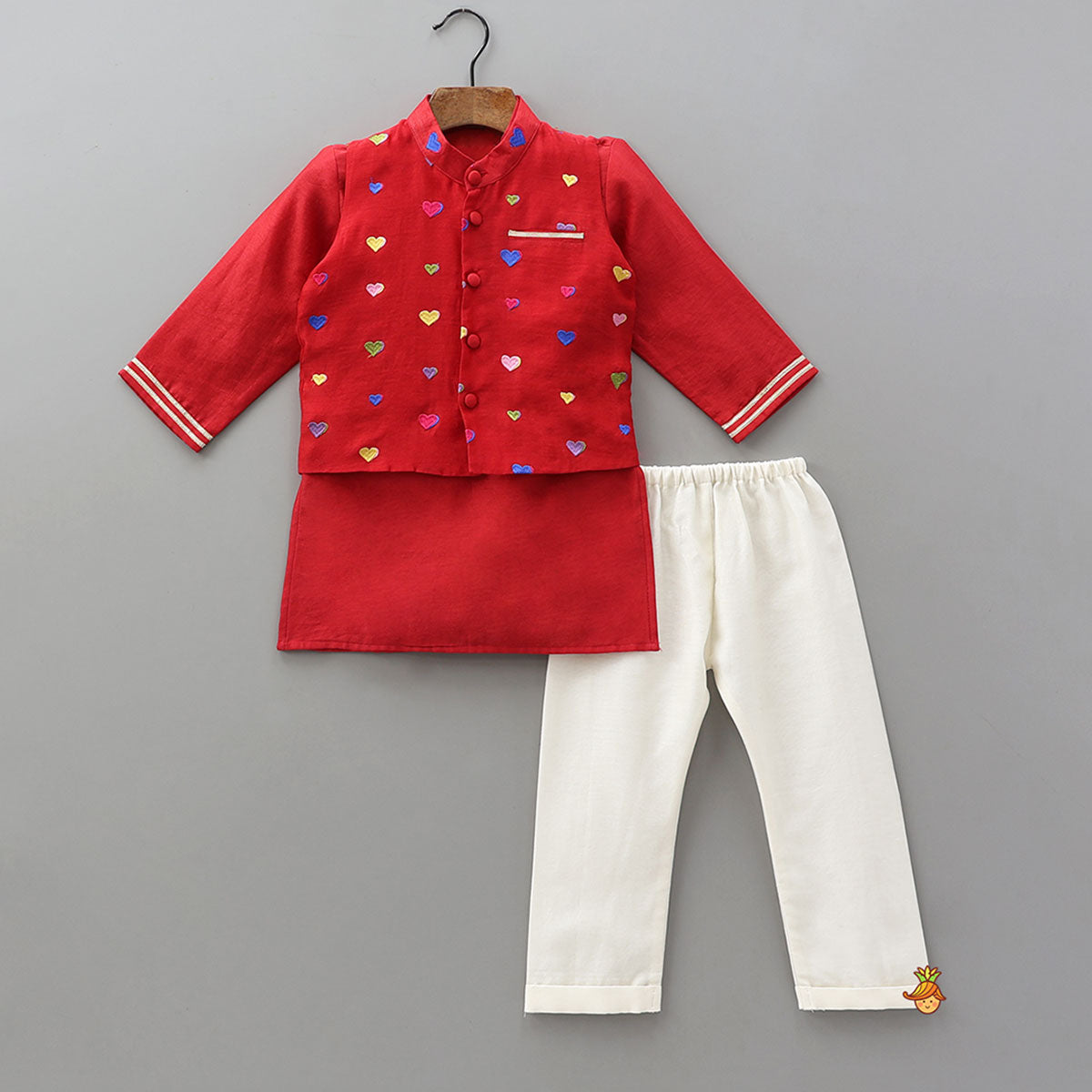 Ethnic Kurta With Heart-Embroidered Jacket And Pyjama