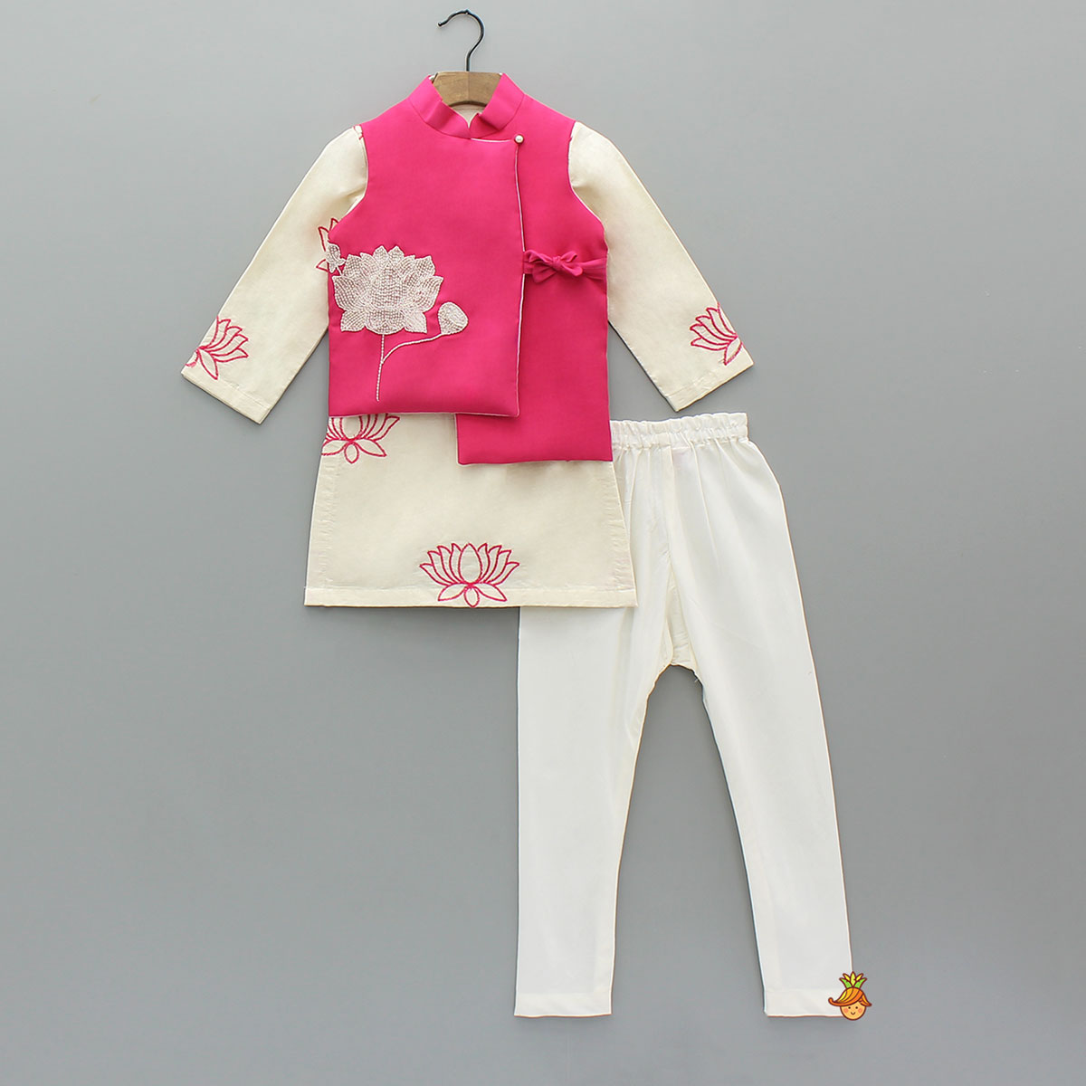 Lotus Motif Embroidered Kurta With Contrasting Jacket And Churidar