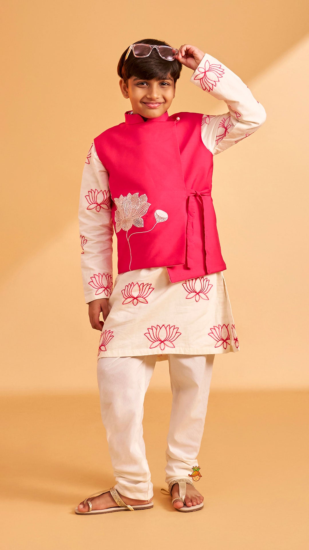 Lotus Motif Embroidered Kurta With Contrasting Jacket And Churidar