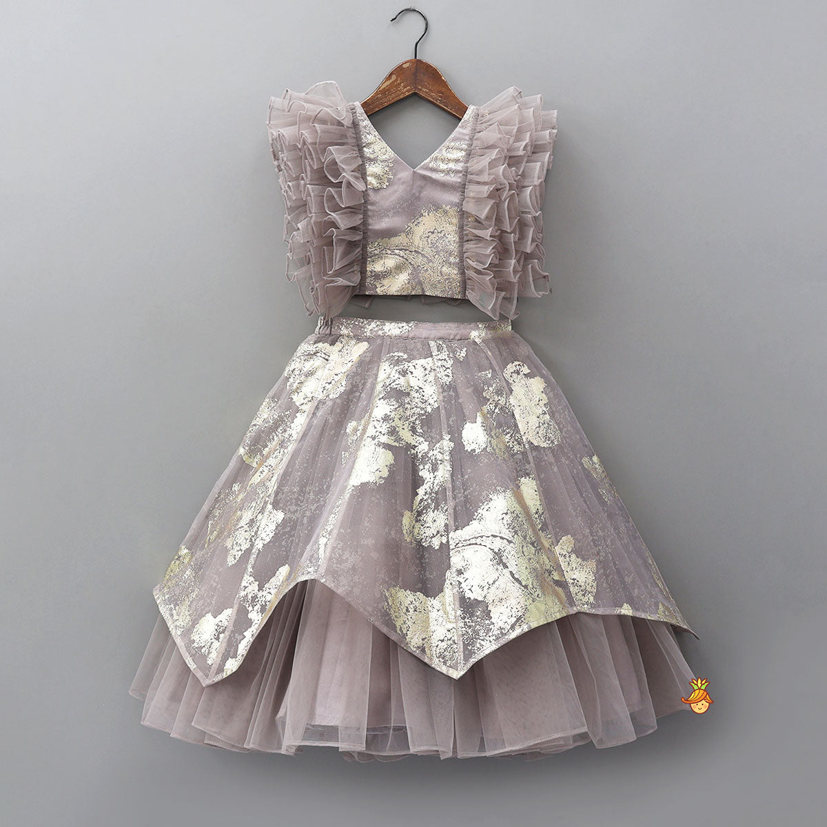 V-Neck Foil Printed Top And Layered Lehenga