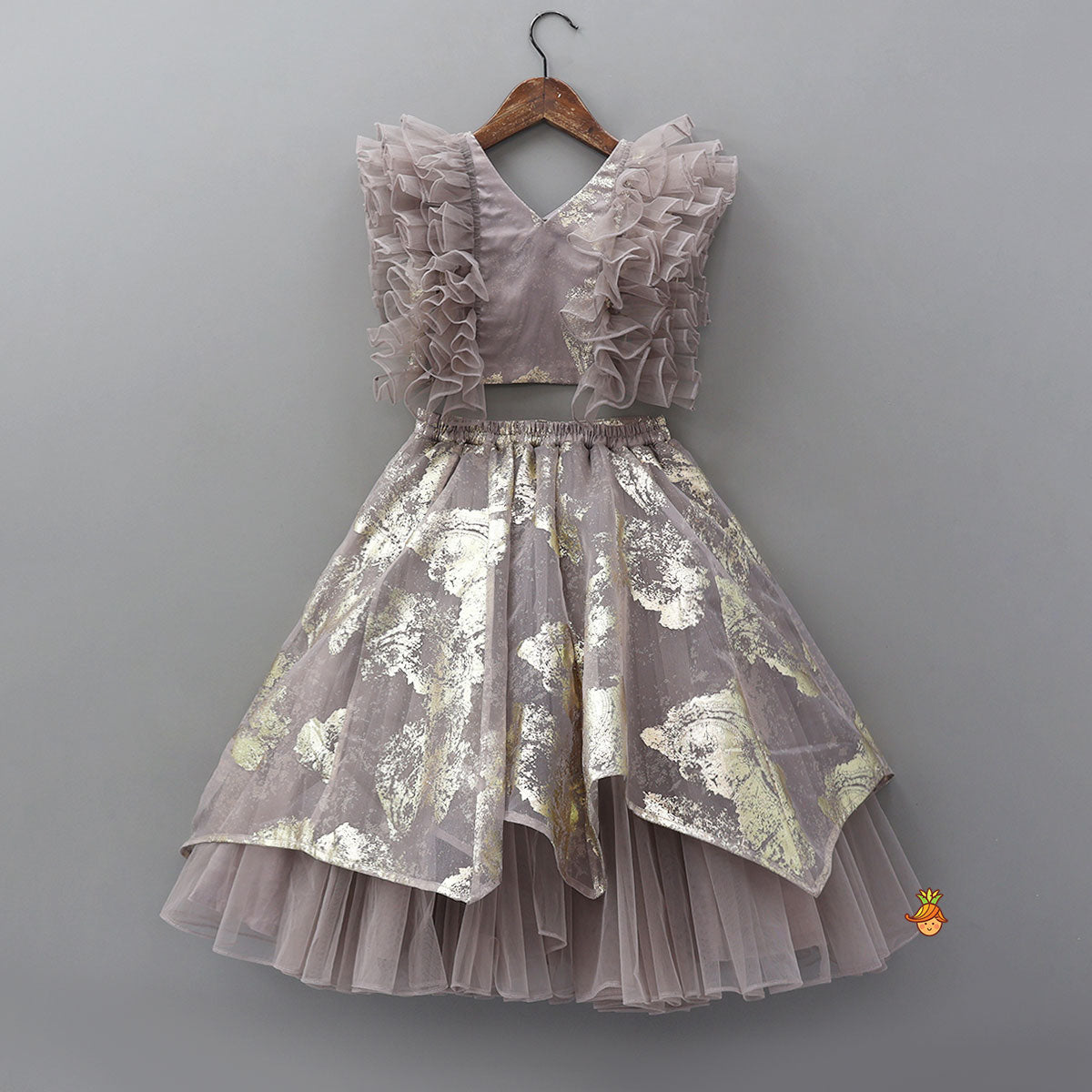 V-Neck Foil Printed Top And Layered Lehenga