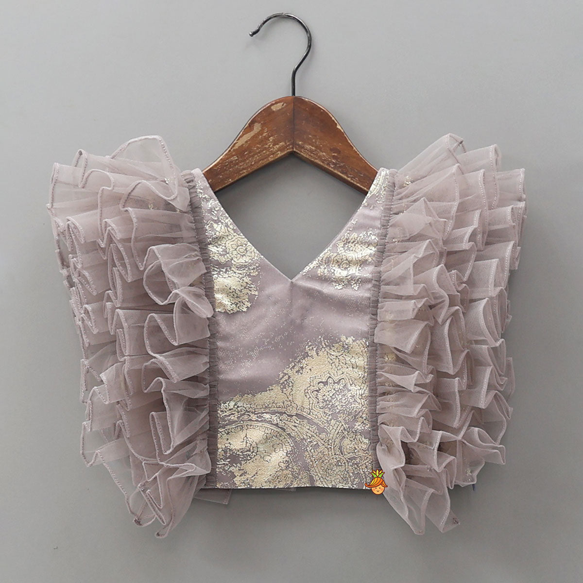 V-Neck Foil Printed Top And Layered Lehenga