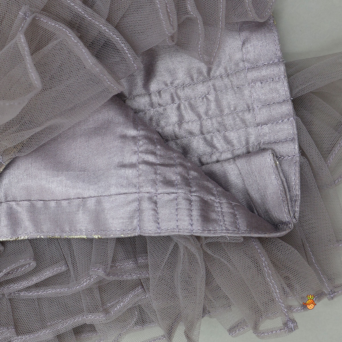 V-Neck Foil Printed Top And Layered Lehenga